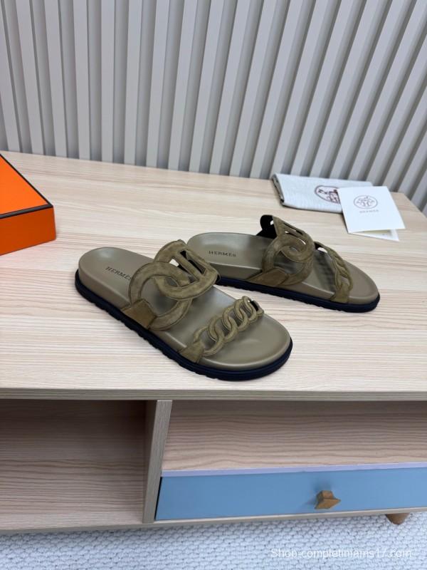 2025 Women Hermès Khaki Suede Slippers
