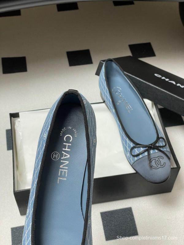 2025 Women Chanel Blue Denim Ballet Flats KFY00300