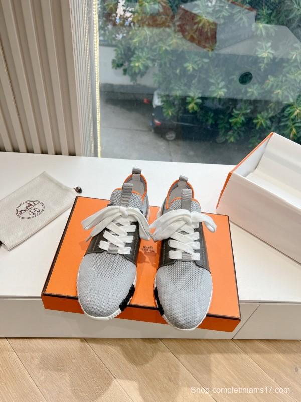 2024 Unisex Hermès Beige Grey Orange Black Leather Suede Knit Sneakers MJ00290