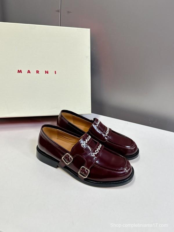 2025 Women Marni Burgundy Leather Loafers KFY00320