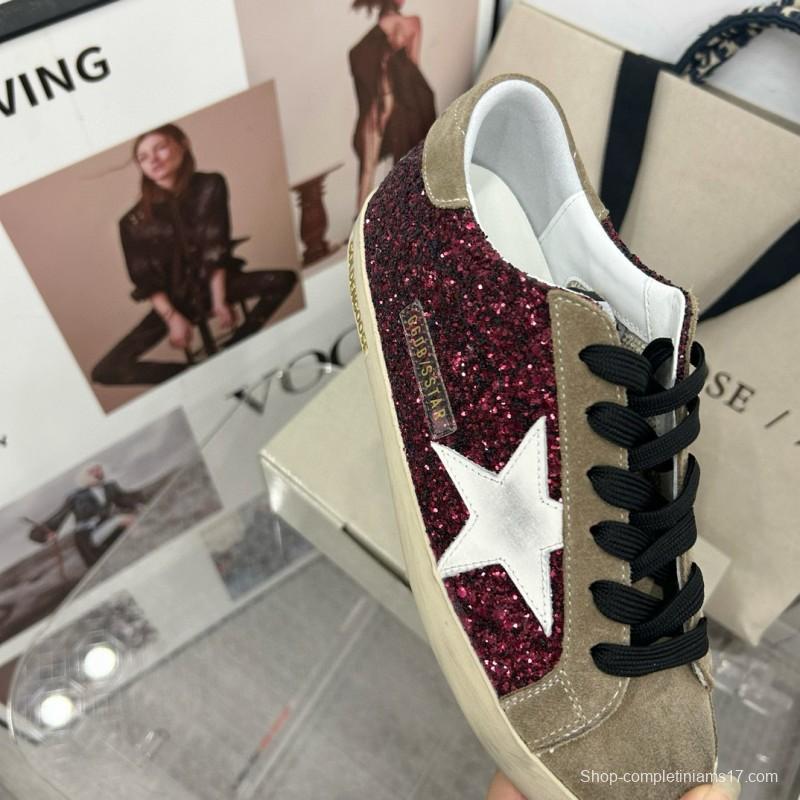 2025 Women GGDB Burgundy White Suede Glitter Sneakers