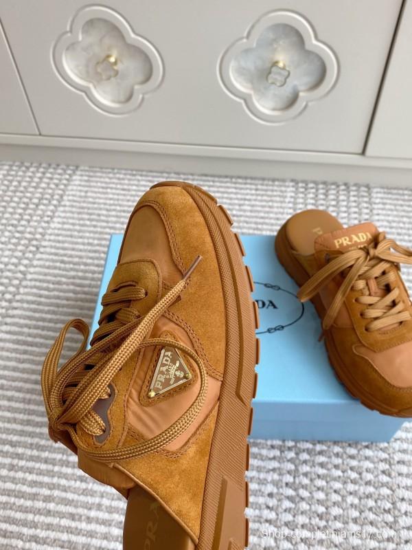 2025 Women Prada Brown Leather Suede Sneakers