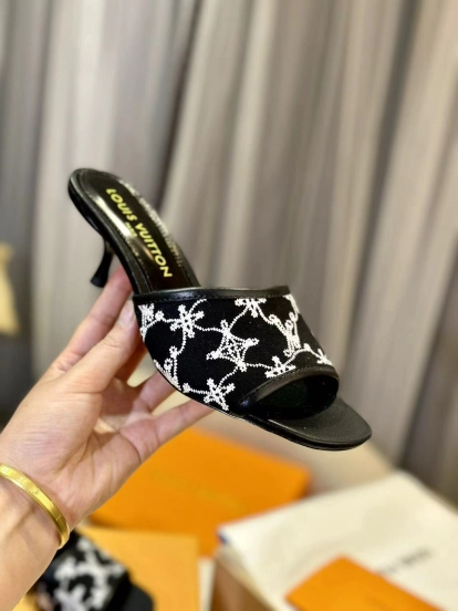 2025 Women Louis Vuitton Black White Embroidered Leather Heeled Sandals