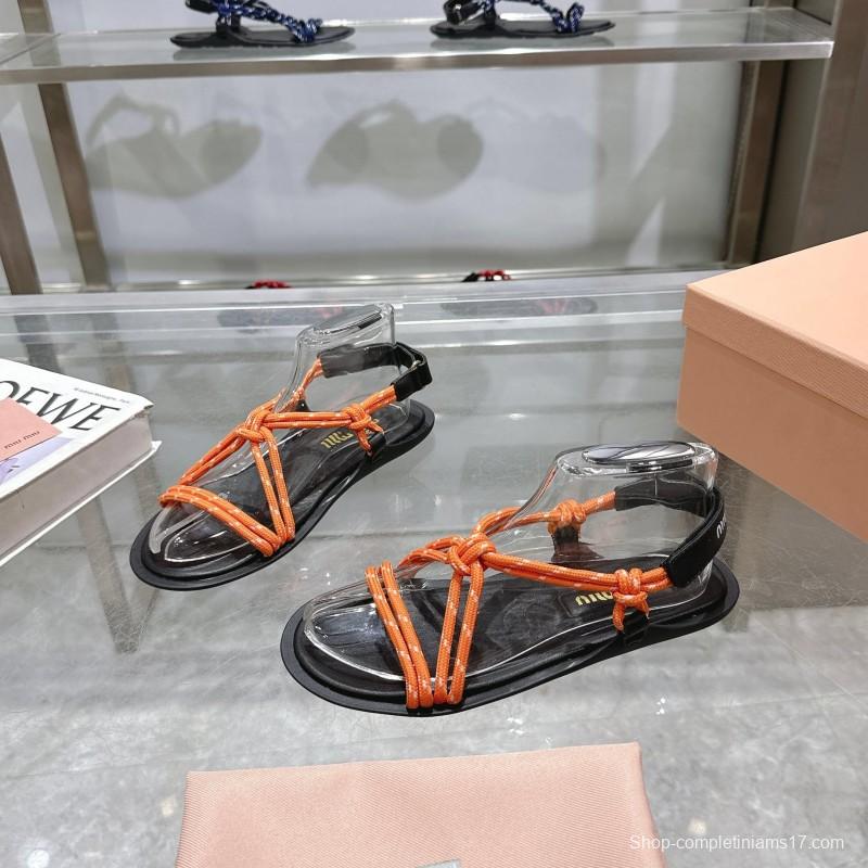 2025 Women Miu Miu Orange Black Rope Leather Sandals