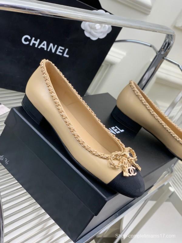2025 Women Chanel Beige Black Leather Ballet Flats