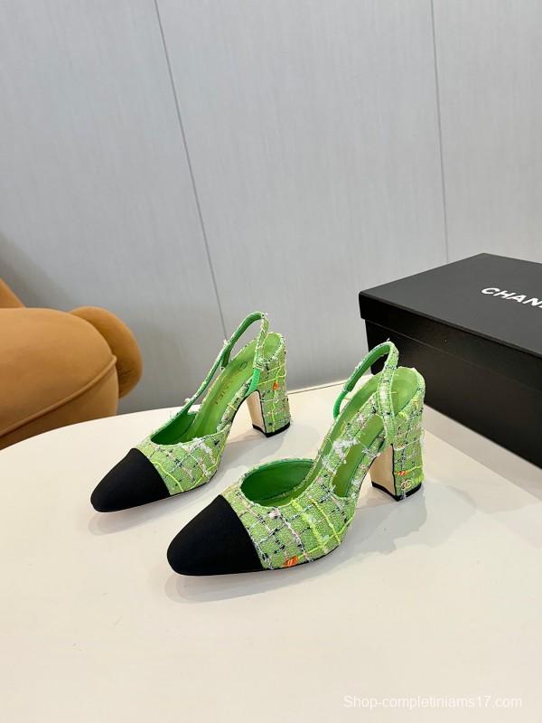 2025 Women Chanel Green Black Tweed Pump Slingback LY00270