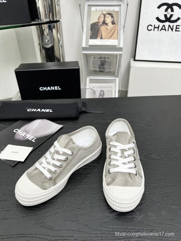 2025 Women Chanel Grey Canvas Leather Casual Sneakers LY00230