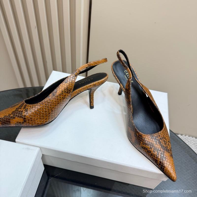 2025 Women Celine Brown Snakeskin Leather Slingback Heels
