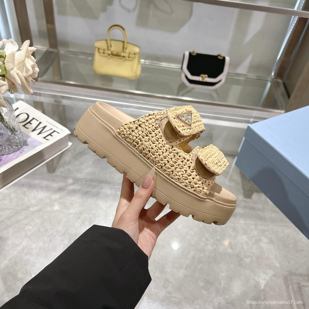 2025 Women Prada Beige Woven Leather Slippers LY