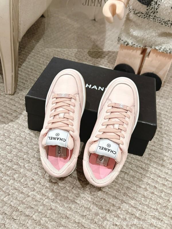 2025 Women Chanel Pink Leather Sneakers