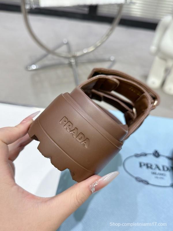 2025 Women Prada Brown Leather Sandals