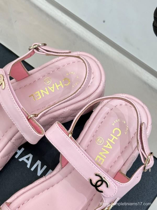 2025 Women Chanel Pink Lambskin Platform Sandals Chain Decoration