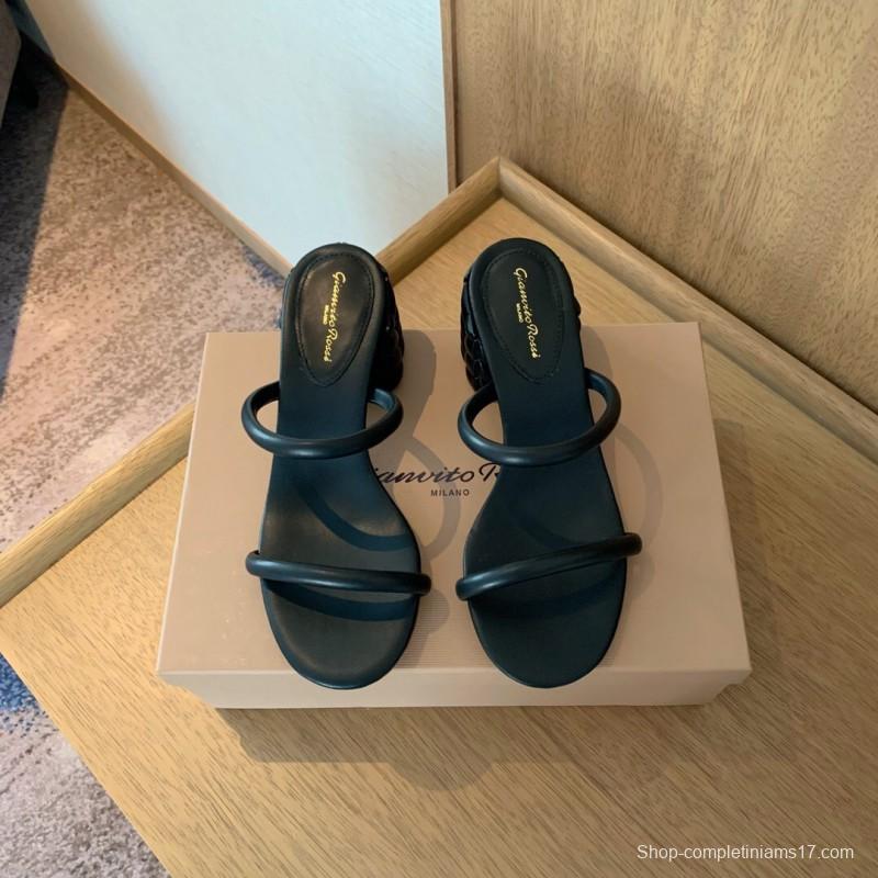 2025 Women Gianvito Rossi Black Leather Heeled Sandals