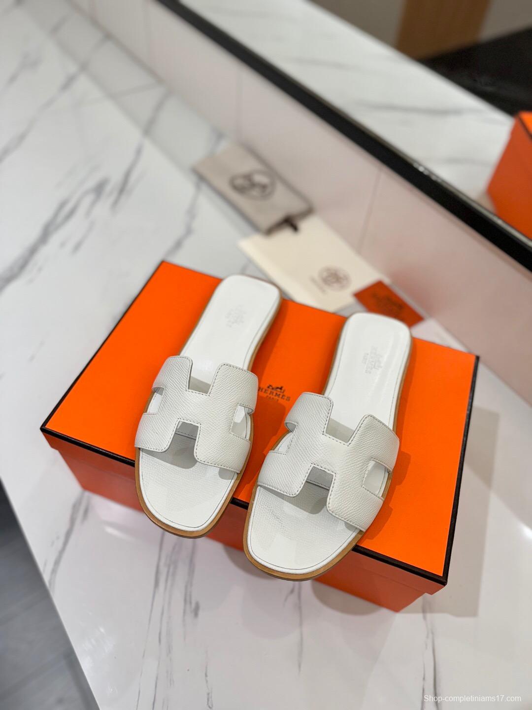 2025 Women Hermès White Leather Slippers
