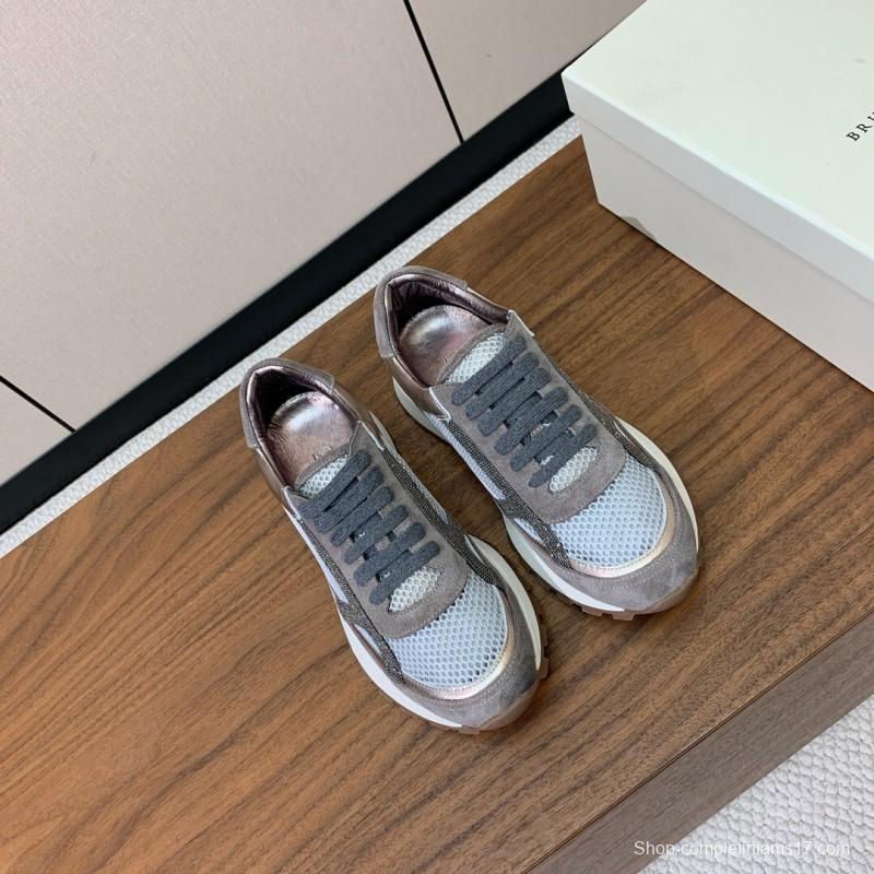 2025 Unisex Brunello Cucinelli Grey Silver Suede Mesh Sneakers