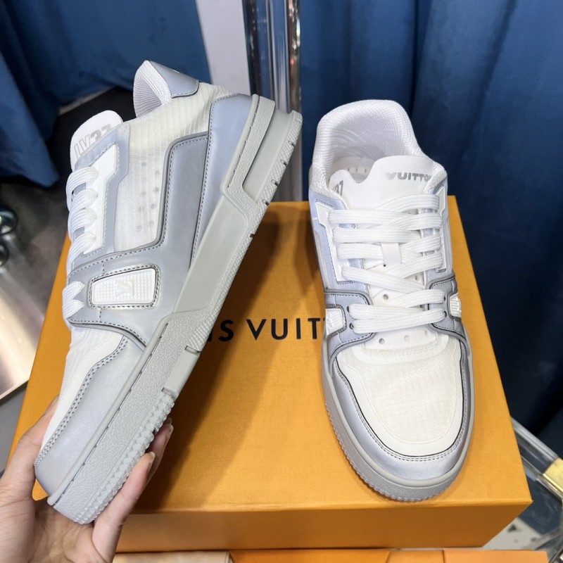 2025 Unisex Louis Vuitton White Light Grey Mesh Leather Trainer