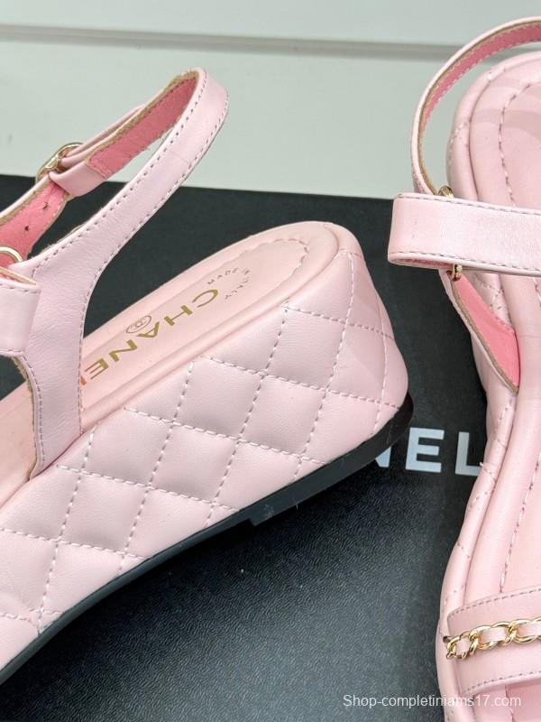 2025 Women Chanel Pink Lambskin Platform Sandals Chain Decoration