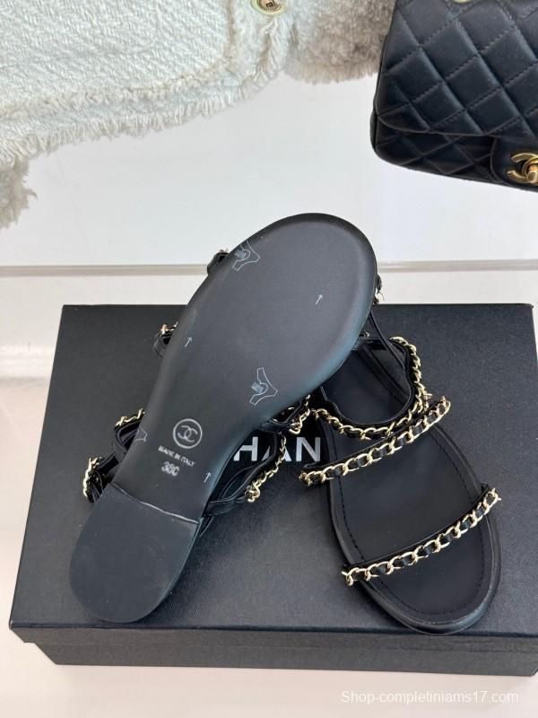 2025 Women Chanel Black Leather Slingback Sandals Chain KFY00270