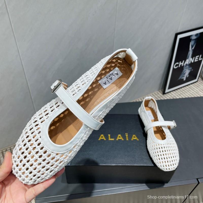 2025 Women Alaïa White Woven Leather Flat Mary Jane Shoes LY00360(F)
