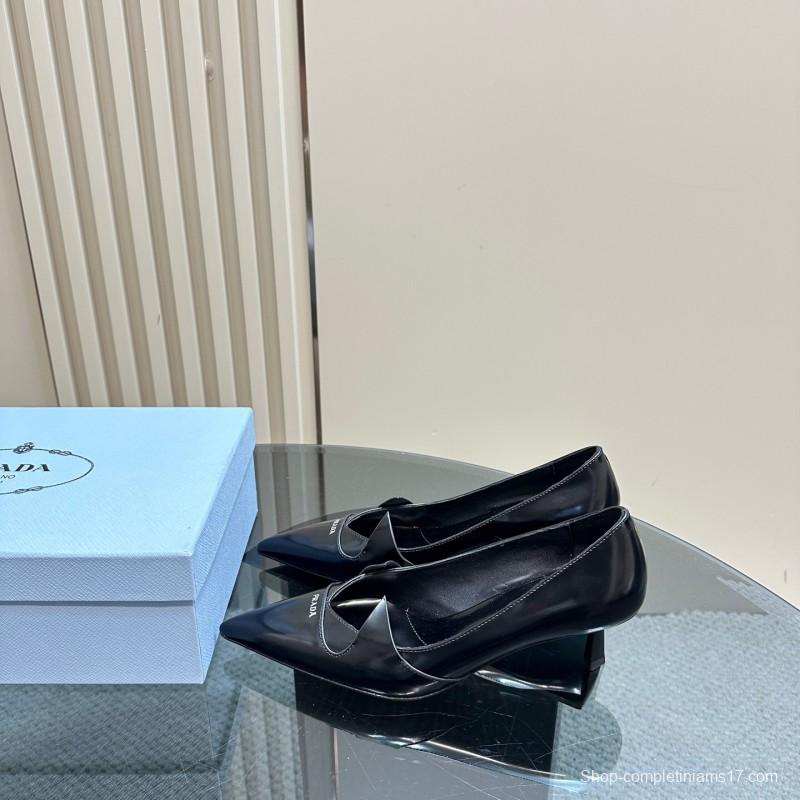 2025 Women Prada Black Leather Heels KFY00310
