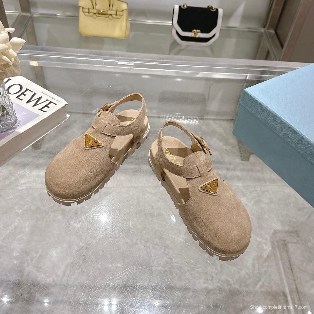 2025 Women Prada Beige Suede Slingback Flat LY00270