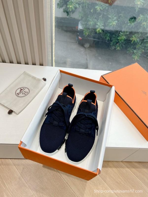 2024 Unisex Hermès爱马仕 Navy Orange White Knit Leather Sneakers MJ00290