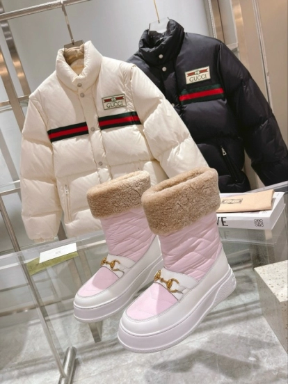 2024 Women Gucci Pink White Leather Shearling Snow Boots