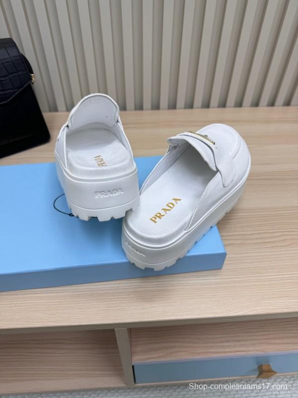 2025 Women Prada White Canvas Platform Loafers