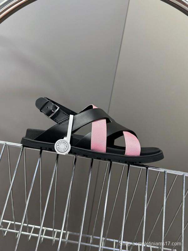 2025 Women Hermès Pink Black Leather Sandals