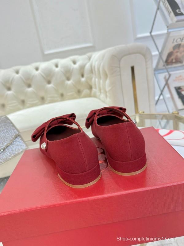 2025 Women Valentino Red Fabric Mary Jane Bow Flat LY00300