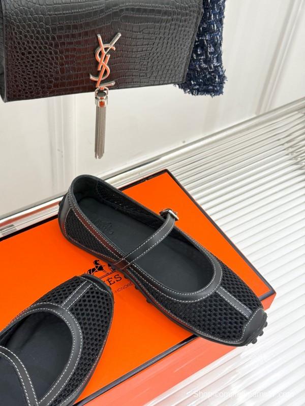 2025 Women Hermès Black Mesh Leather Mary Jane