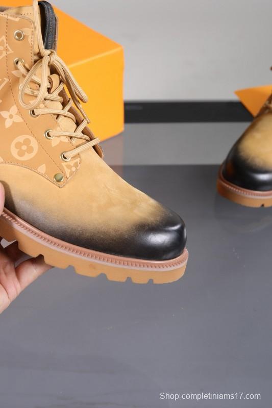 2024 Men Louis Vuitton Beige Black Leather Canvas Boots MJ00470