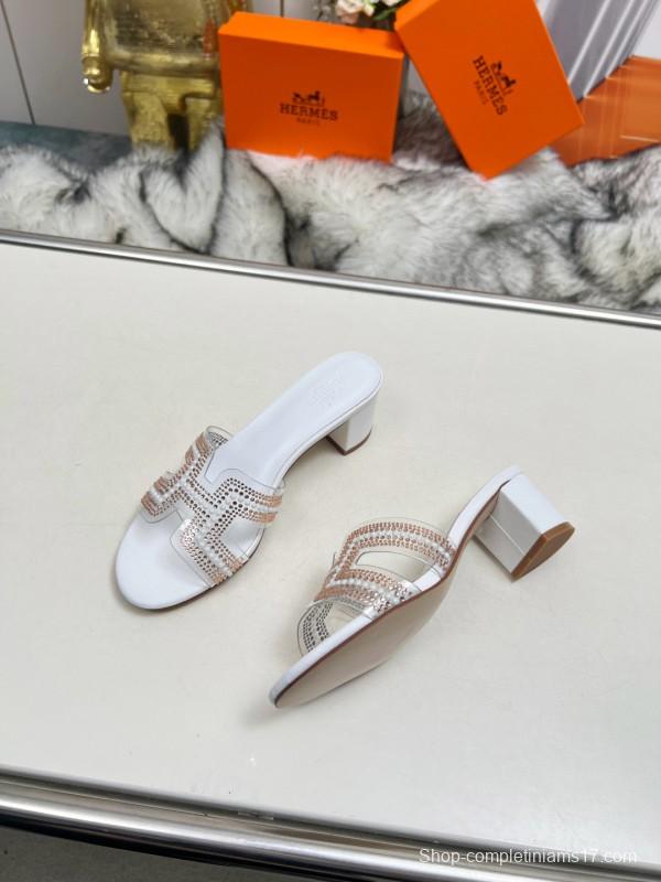 2025 Hermès White Leather Slippers H Pattern MJ00180