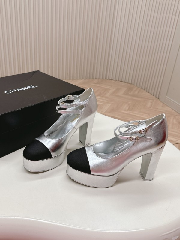 2025 Women Chanel Silver Black Leather Mary Jane Platform Heels