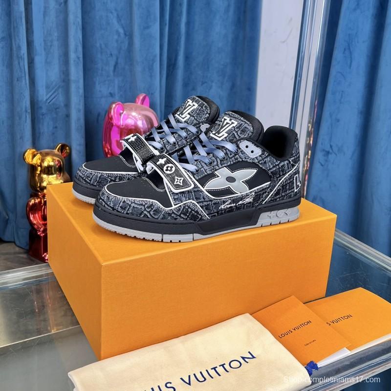 2025 Unisex Louis Vuitton Black Grey Leather Canvas Plimsolls Stitching LV0038