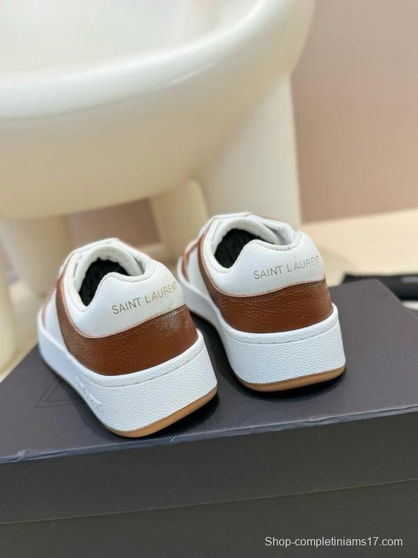 2024 Unisex Yves Saint Laurent White Brown Leather Canvas Sneakers MJ00350