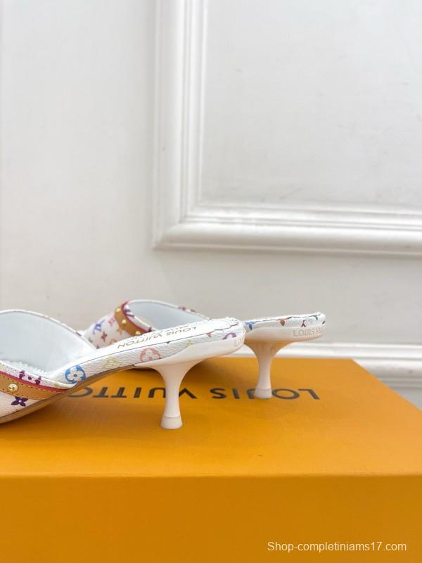 2025 Women Louis Vuitton White Rainbow Leather Slippers MJ00290