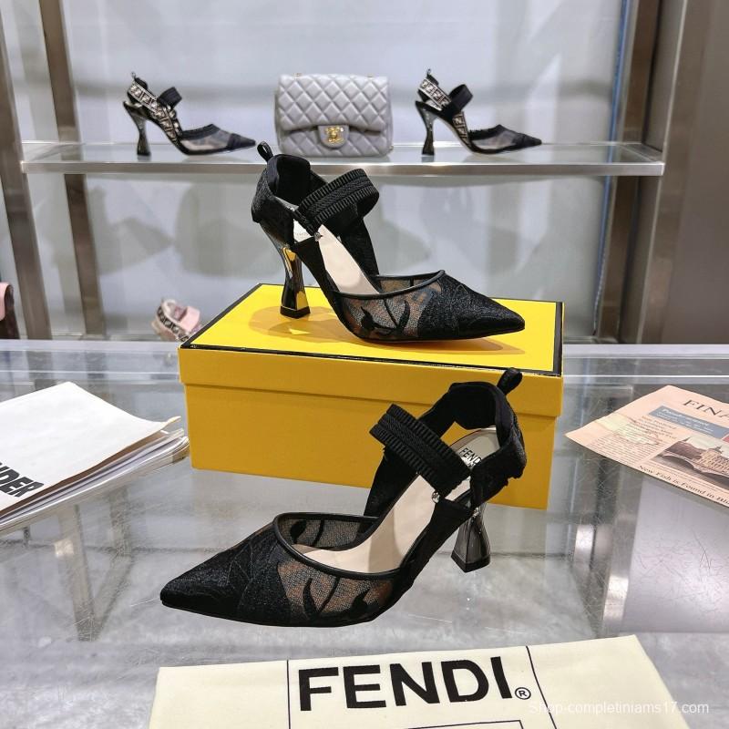 2025 Women Fendi Black Mesh Leather Heels MJ00280