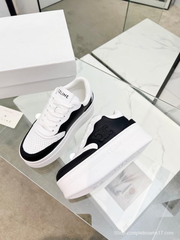 2025 Women Celine Black White Leather Platform Sneakers Block Triomphe LY00270