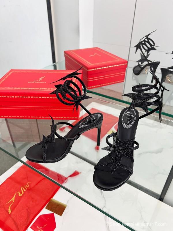 2025 Women RC Black Leather High Heel Sandal Star Detail LY00340