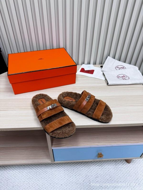2024 Slippers Hermès Brown Suede Shearling Slippers MJ00300