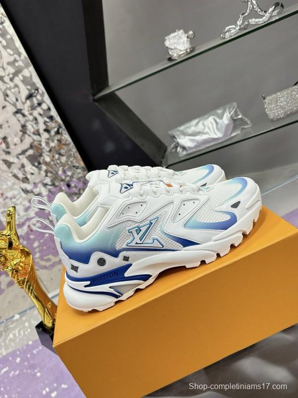 2025 Men Louis Vuitton Blue White Mesh Leather Sneakers MJ00420