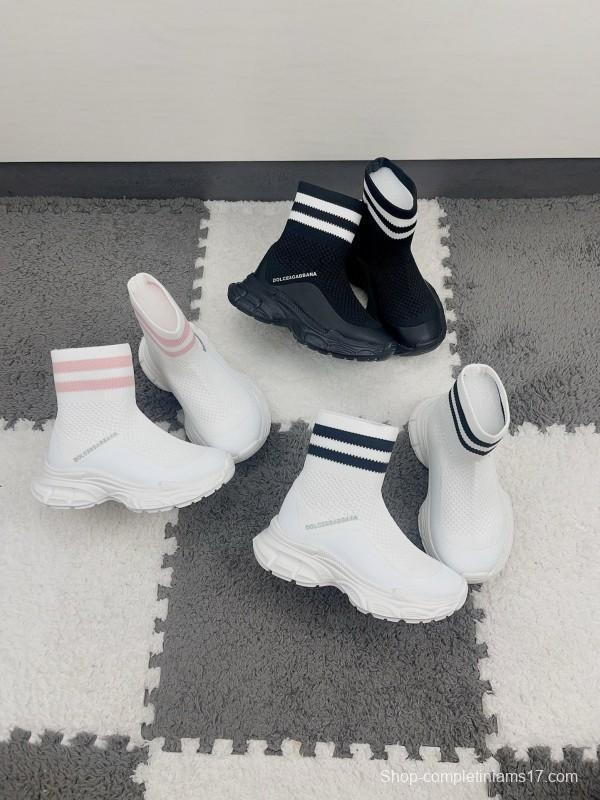 2024 Kids Dolce & Gabbana White Pink Black Knit Fabric Sneaker