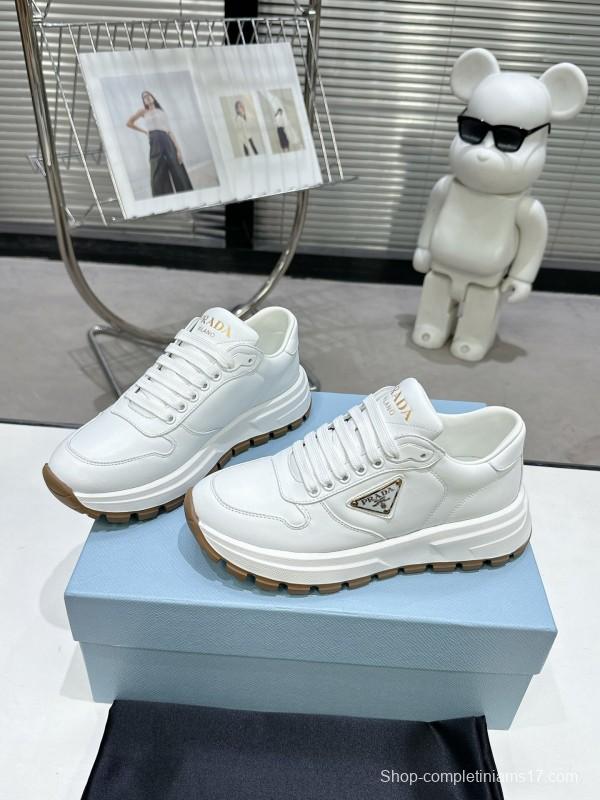 2025 Women Prada White Cow Leather Lambskin Sneakers KFY00310