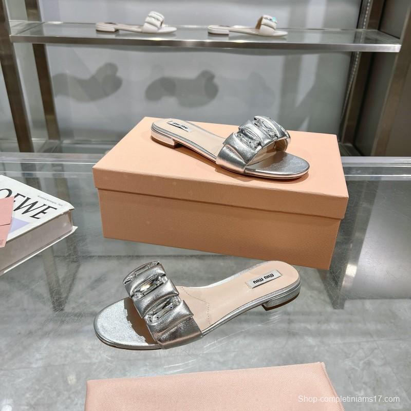 2025 Women Miumiu Silver Metallic Leather Slippers