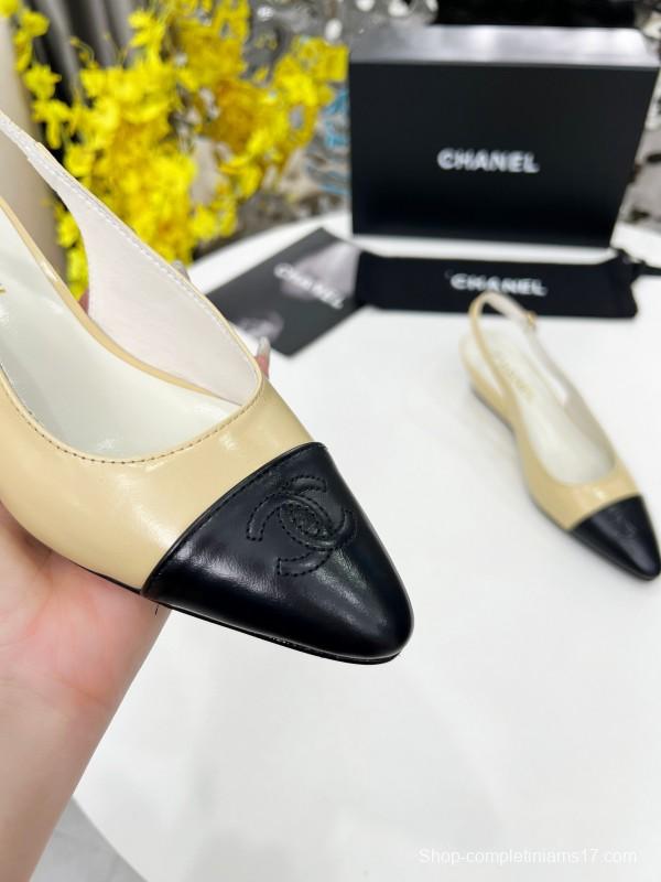 2025 Women Chanel Apricot Black Leather Slingback Flats