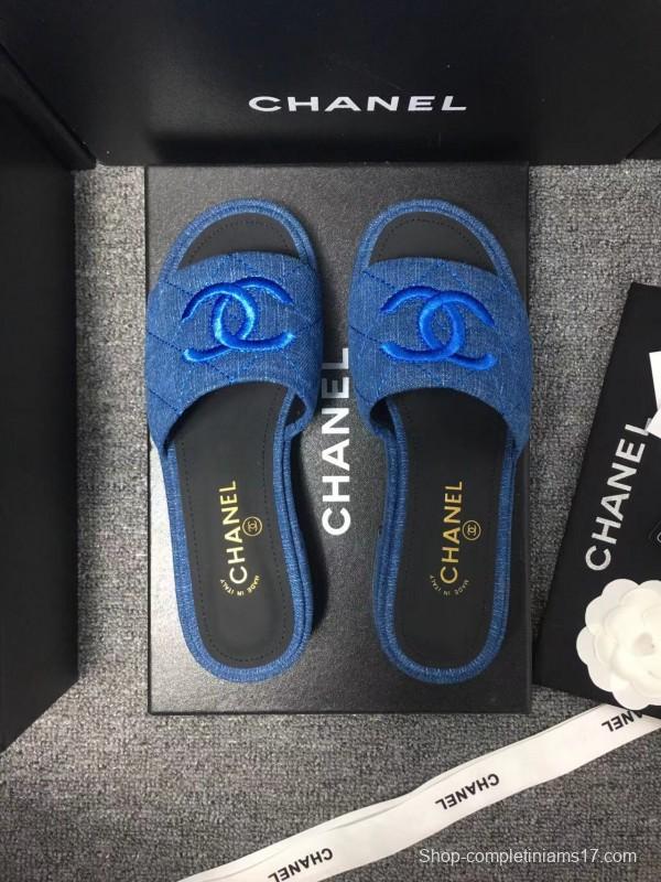 2025 Women Chanel Blue Fabric Slippers LY00000