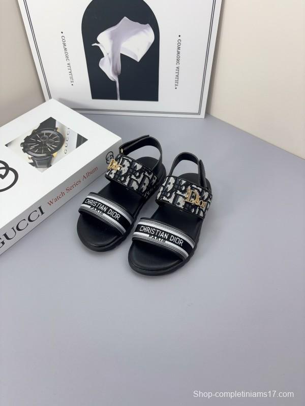 2025 Kids Dior Gray Black Canvas Leather Sandals