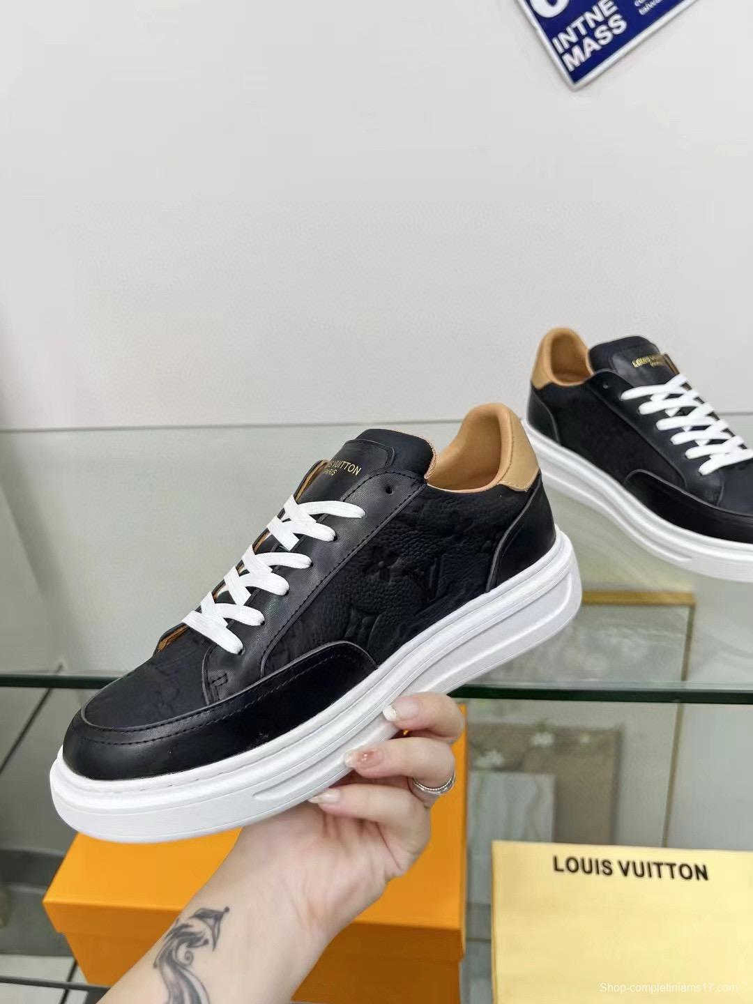 2024 Unisex Louis Vuitton Black Beige Leather Sneakers