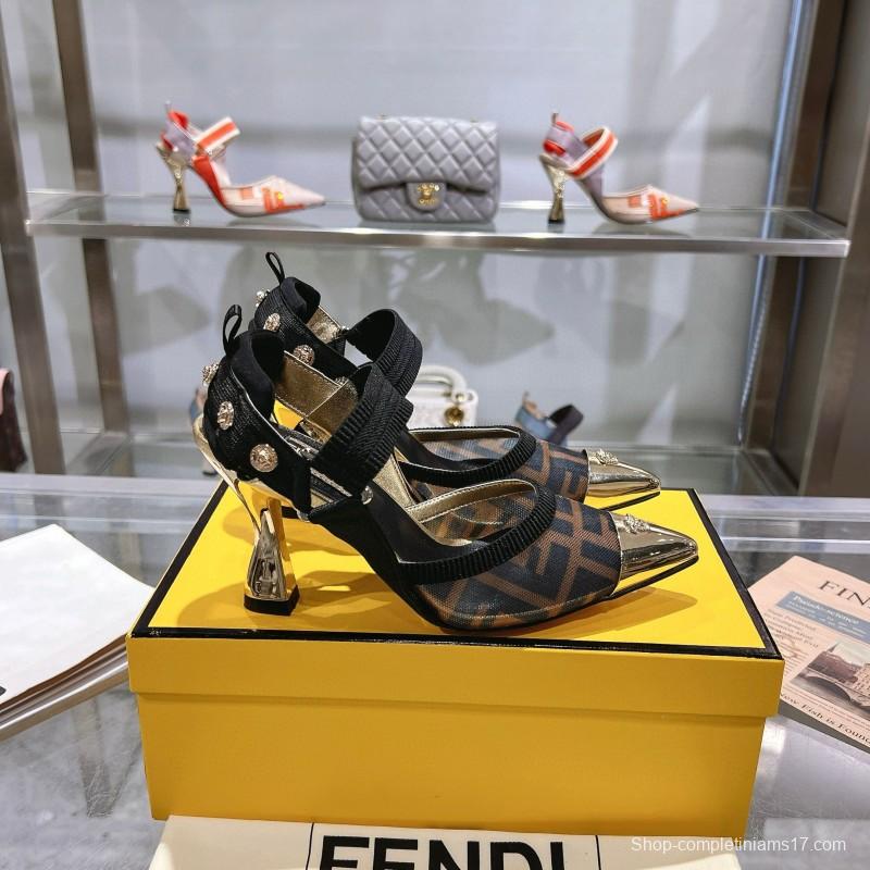2025 Women Fendi Brown Black Leather Mesh High Heels MJ00280